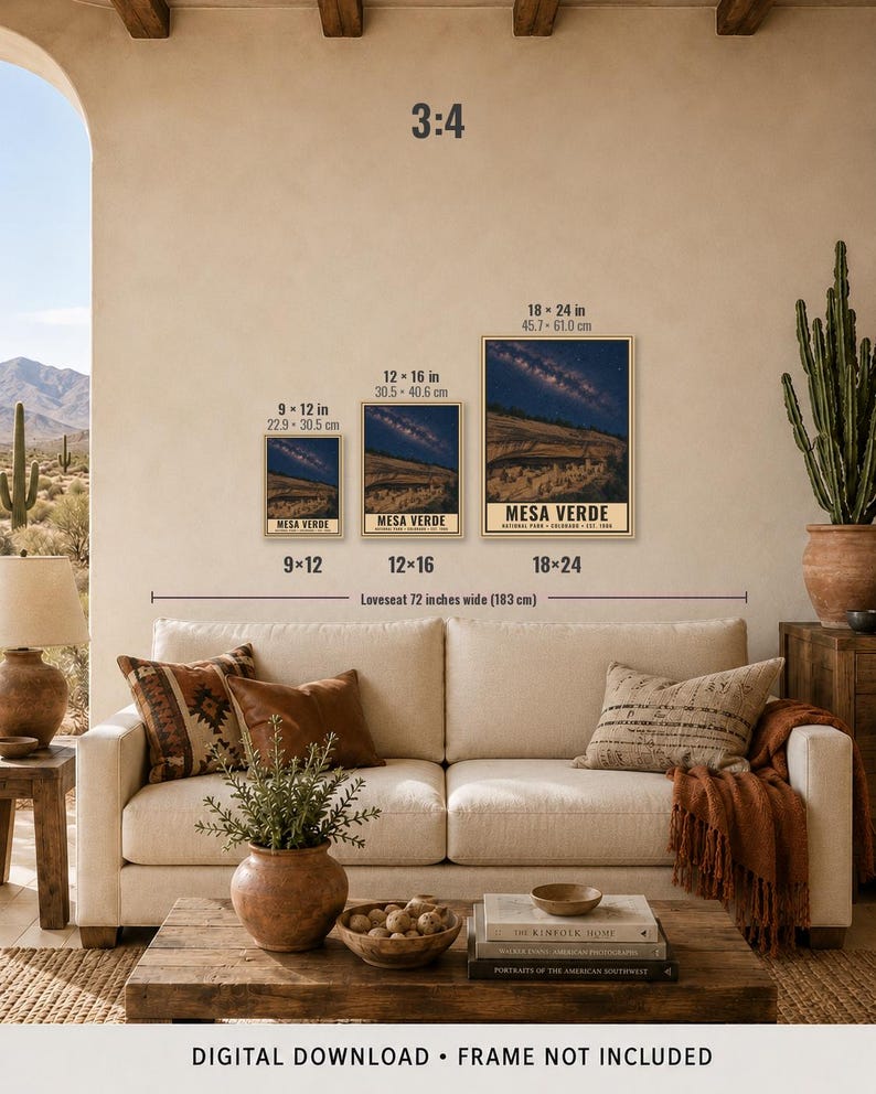 May include: Three rectangular wall art prints featuring a night sky over Mesa Verde National Park, displayed in 9x12, 12x16, and 18x24 inch sizes. The prints show a starry sky above cliff dwellings, with text reading MESA VERDE NATIONAL PARK.