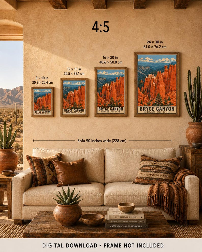 Poster van Bryce Canyon National Park, vintage reisprint met hoodoo-motief uit Utah, retro muurdecoratie met oranje woestijnlandschap, zeefdruk in WPA-stijl uit de jaren 60. afbeelding 10