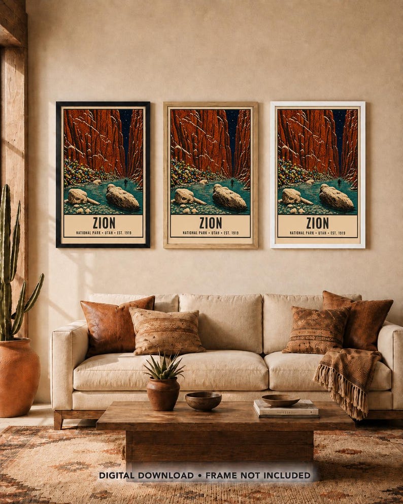 May include: Three identical vertical wall art prints depicting Zion National Park with red canyon walls, a blue river, and large rocks. Each print features the text ZION NATIONAL PARK UTAH EST. 1919 at the bottom, displayed in black, wood, and white frames.