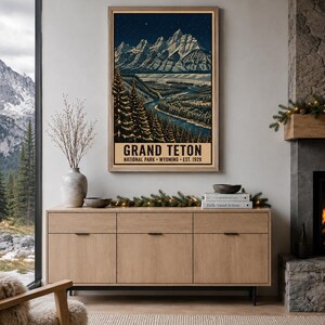 Parque Nacional Grand Teton, Póster navideño, Wyoming. Río Snake. Arte invernal con nieve (Descarga digital). imagen 5