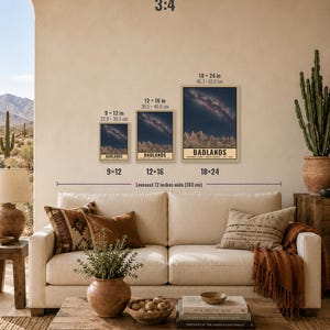May include: Three rectangular wall art prints featuring a night sky over the Badlands, labeled with sizes 9x12 inches, 12x16 inches, and 18x24 inches. The prints display a starry galaxy above a mountain landscape with the text BADLANDS at the bottom.