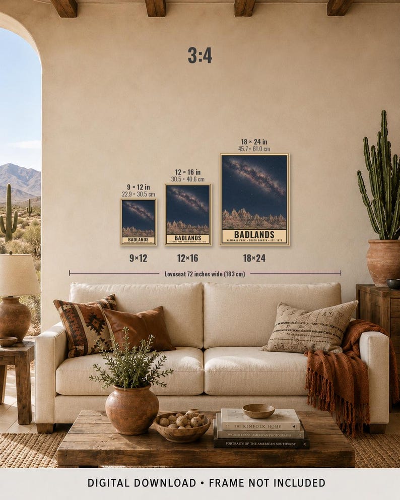 May include: Three rectangular wall art prints featuring a night sky over the Badlands, labeled with sizes 9x12 inches, 12x16 inches, and 18x24 inches. The prints display a starry galaxy above a mountain landscape with the text BADLANDS at the bottom.