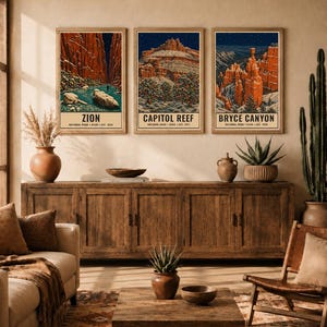 May include: Three framed wall art prints featuring illustrations of Zion, Capitol Reef, and Bryce Canyon National Parks. Each vertical poster displays a landscape scene with red rock formations, starry night skies, and park names at the bottom.