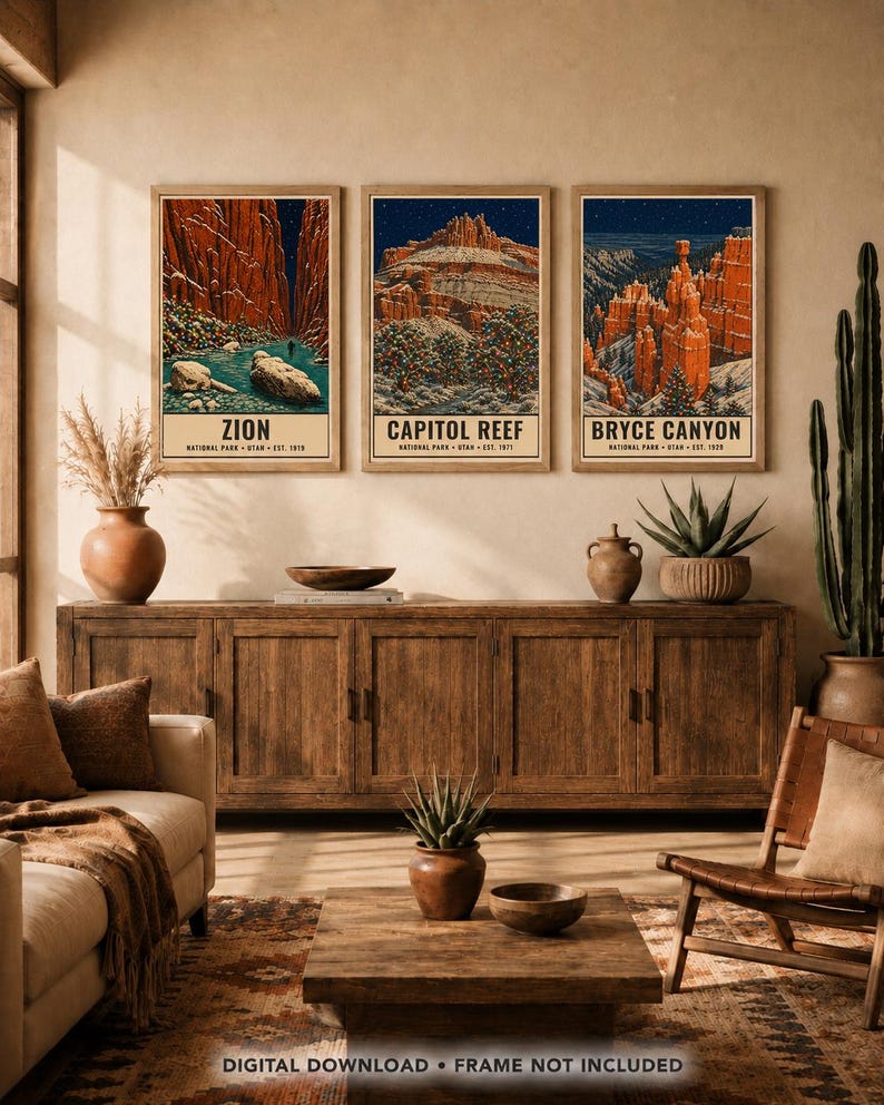May include: Three framed wall art prints featuring illustrations of Zion, Capitol Reef, and Bryce Canyon National Parks. Each vertical poster displays a landscape scene with red rock formations, starry night skies, and park names at the bottom.