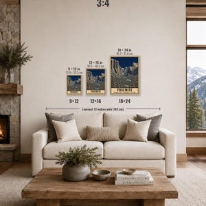 May include: Three framed Yosemite National Park posters in 9x12, 12x16, and 18x24 inch sizes displayed on a wall above a 72 inch wide loveseat. The posters feature a dark blue night sky over a mountain landscape with the text Yosemite National Park.