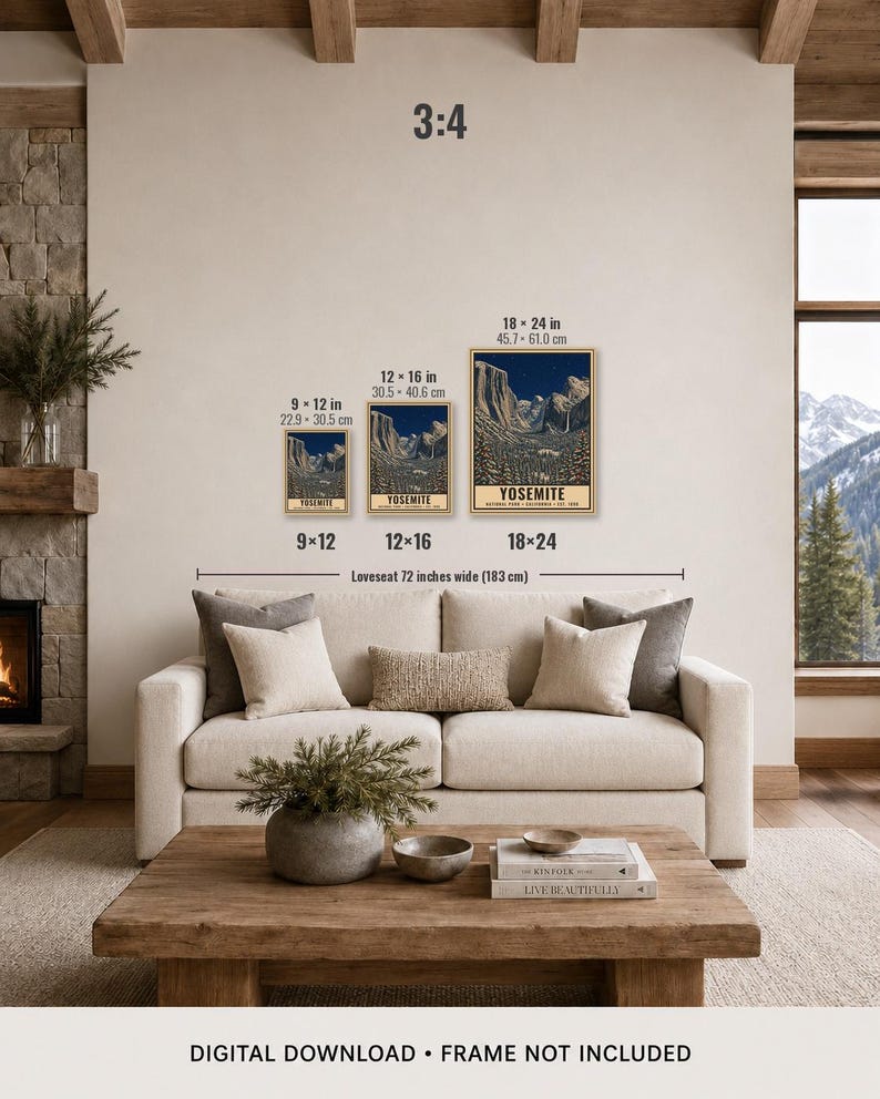 May include: Three framed Yosemite National Park posters in 9x12, 12x16, and 18x24 inch sizes displayed on a wall above a 72 inch wide loveseat. The posters feature a dark blue night sky over a mountain landscape with the text Yosemite National Park.