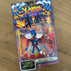 Vintage 1996 Marvel Comics X-Men Mutant Armor Series Heavy Metal Beast Anti Mutagenic Armor ToyBiz Figura de acción Juguete con tarjeta comercial