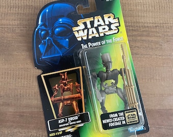 Vintage 1996 ASP-7 Droid with Spaceport Supply Rods Star Wars The Power of The Force Kenner Hasbro Toy Action Figure Sealed in Package