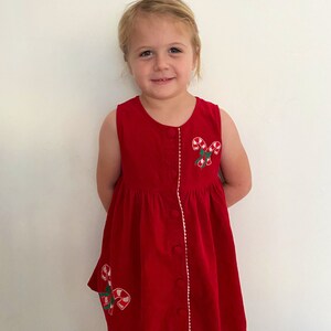 Vintage 1990’s 90s Kids Kidlooks Girls Christmas Candy Cane Embroidered Red Corduroy Dress - Size 5/6 L