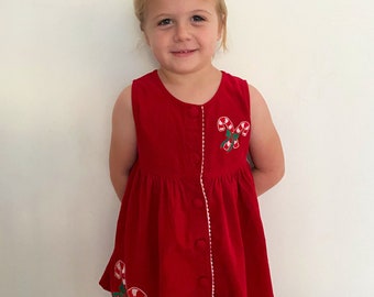 Vintage 1990’s 90s Kids Kidlooks Girls Christmas Candy Cane Embroidered Red Corduroy Dress - Size 5/6 L