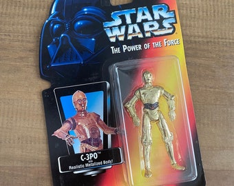 Vintage 1995 C-3P0 with Realisitic Metalized Body Star Wars The Power of The Force Kenner Hasbro Toy Action Figure Sealed in Package