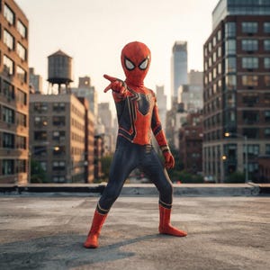 May include: A full-body superhero costume featuring a red and black color scheme with gold accents. The suit includes a full-head mask with large white eye lenses, long sleeves, and matching pants, designed with a web-like pattern on the red sections.