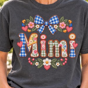 Mimi-skjorta, lapptäcksmönster med ginghammönster och mormors t-shirt, quiltad skjorta med blommig rosett, present till Mimi, julklapp till mormor, Cottagecore-t-shirt
