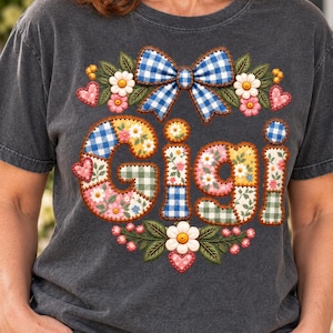 Gigi Shirt, Patchwork Gingham Grandma Tee, Quilted Look Floral Bow Shirt, Gift for Gigi, Christmas Grandma Gift, Cottagecore Tee