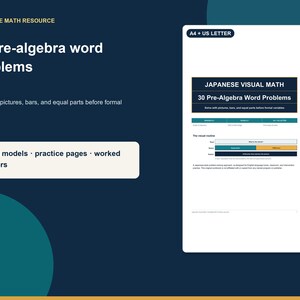 May include: A printable math resource featuring 30 pre-algebra word problems. The document includes visual models, practice pages, and worked answers. It is formatted for A4 and US Letter paper sizes, utilizing bar models to solve math problems.