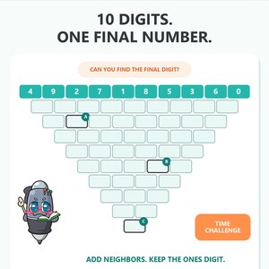 Könnte beinhalten: Ein Down to One Junior Edition Mathe-Rätselblatt für 10- bis 14-Jährige. Es zeigt eine Pyramide aus leeren Kästchen unter einer Reihe von Ziffern 4, 9, 2, 7, 1, 8, 5, 3, 6, 0. Enthält eine Bleistift-Cartoonfigur, einen Time Challenge-Button und Anweisungen.
