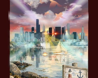 Póster decorativo para pared. Ilustración digital surrealista y atmosférica. Impresiones en metal, 20x30 cm. "Disfruta de la vista".