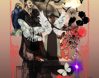 Póster para pared. Ilustración digital surrealista y atmosférica. Lienzo de 18x24 pulgadas. "Cuervos".