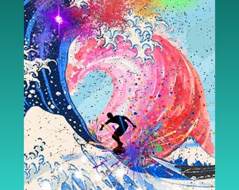 Póster de pared. Ilustración digital surrealista y atmosférica - Póster de papel de 24 x 36 pulgadas - "TECHNI-COLOR SURFER"