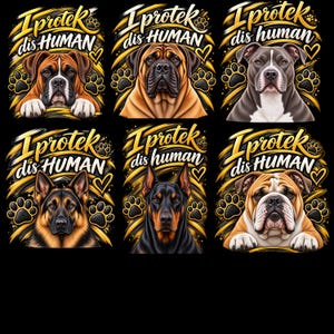 May include: A collection of six graphic illustrations featuring different dog breeds including a Boxer, Mastiff, Pitbull, German Shepherd, Doberman, and Bulldog. Each dog is framed by gold brushstrokes, paw prints, hearts, and the text I protek dis HUMAN.