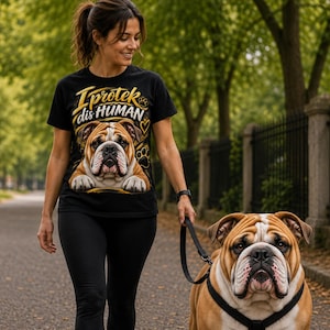 May include: A black short-sleeved t-shirt featuring a graphic of a brown and white bulldog with the text "I protek dis HUMAN" in yellow and white lettering, accompanied by small paw print and heart icons printed on the front of the garment.