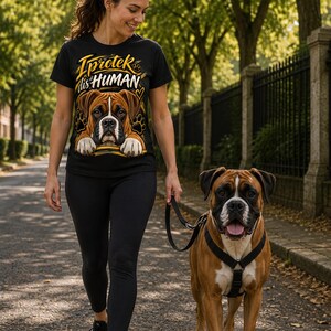 May include: A black short-sleeved t-shirt featuring a graphic of a brown and white Boxer dog with the text "I protek dis HUMAN" in yellow and white lettering, accompanied by paw print illustrations and a small heart symbol above the dog.