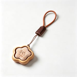 以下が含まれることがあります： 5枚の花びらを持つ花形の薄茶色の木製チャーム。中央には星を持ったキャラクターが刻印された明るい色の木製パーツがはめ込まれています。チャームは細い茶色の紐と濃い茶色のレザー製コネクターに取り付けられています。