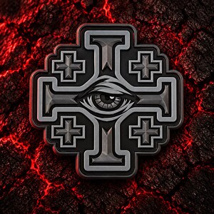 May include: A metallic Jerusalem cross emblem featuring a central eye design. The cross is finished in a dark gunmetal gray with raised, polished silver-toned edges. Four smaller crosses are positioned in the corners of the main cross structure.