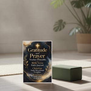 May include: A rectangular printable card featuring a dark navy blue and gold marble background with a glowing cross at the top. The text reads: Gratitude and Prayer Tracker Printable, Bible Verse Faith Journal, Christian Daily Devotional Template, Scripture Reflection Worksheet.
