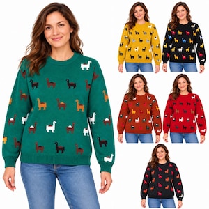 May include: A long-sleeve crew neck sweater featuring a repeating pattern of small llamas. The sweater is available in several solid base colors including green, yellow, black, rust orange, and red, with contrasting colored llama motifs throughout.
