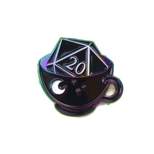 d20 Teacup Pin - Critical Success - gamer pin - ttrpg pin - enamel pin - rainbow d20 - tea drinker