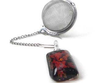 Tea Infuser: Stainless Steel Steeping Ball with Red Glass Flower Charm