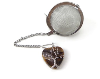 Tiger's Eye Tea Infuser: Silver Tree of Life Charm, Tea Accessory