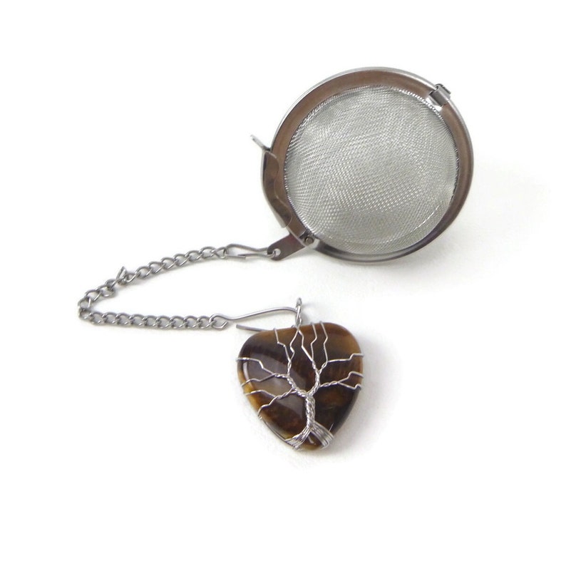 Tea Infuser with Silver Wired Tree Tiger's Eye charm tea accessory tea ball tea charm tea bling image 1