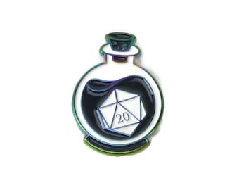 d20 Bottle Pin - gamer pin - ttrpg pin - enamel pin - rainbow d20 - apothecary pin - D20 in a bottle