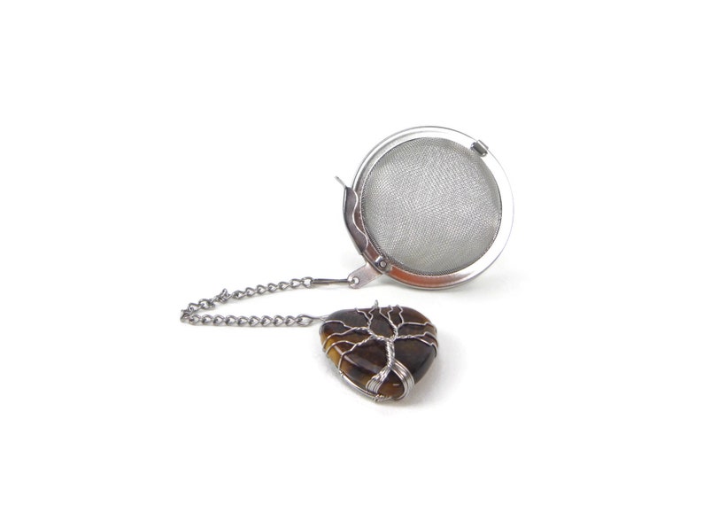 Tea Infuser with Silver Wired Tree Tiger's Eye charm tea accessory tea ball tea charm tea bling image 2