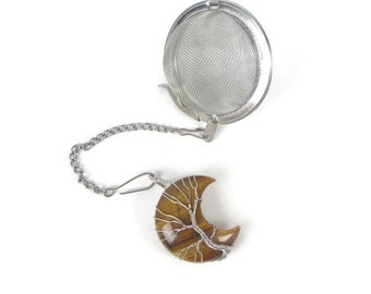 Tea Infuser with Silver Wired Tree Tiger's Eye charm - tea accessory - tea ball - tea charm - tea bling - crescent moon - tree of life