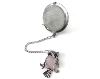Rose Quartz Owl Tea Infuser: Silver Tea Ball Charm