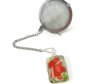 Tea Infuser with Red Glass Flower charm - tea accessory - tea ball - tea charm - tea bling