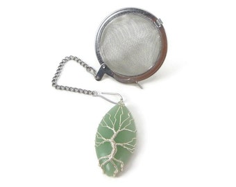 Tea Infuser with Silver Wired Tree Green Aventurine charm - tea accessory - tea ball - tea charm - tea bling