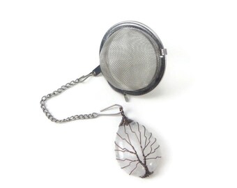 Tea Infuser with Antique Copper Wired Tree Clear Quartz charm - tea accessory - tea ball - tea charm - tea bling