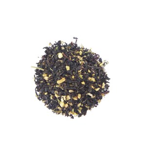 May include: A close-up of a pile of black tea leaves with small pieces of dried citrus fruit.