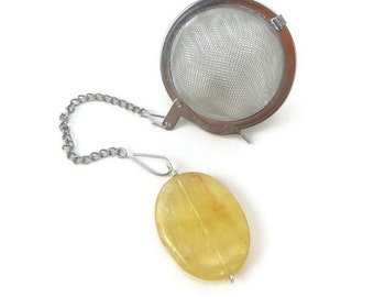 Tea Infuser with Yellow Quartz oval charm - tea accessory - tea ball - tea charm - tea bling