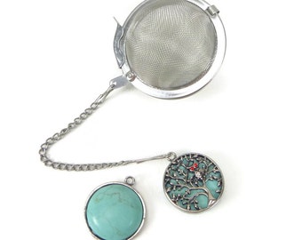 Tea Infuser with Turquoise Tree and Owl Charm - tea accessory - tea ball - tea charm - tea bling