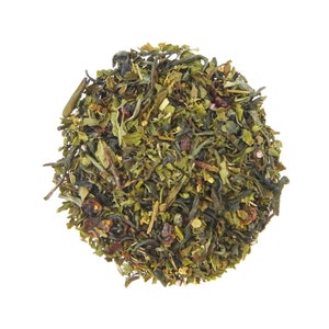 May include: A close-up of a loose leaf green tea blend with dried fruit pieces, herbs, and flower petals.