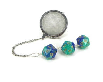 Dice Tea Infuser: Stainless Steel Steeping Ball, Geeky Gamer Gift. Teal and Blue