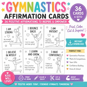 Op de afbeelding: Een set van 36 gymnastiek-affirmatiekaarten met zwart-witte lijntekeningen van gymnasten in verschillende houdingen. Elke kaart bevat positieve teksten zoals I AM STRONG, I BOUNCE BACK, I AM PATIENT, I BELIEVE IN MYSELF, I LEARN AND GROW en I HAVE CONFIDENCE.