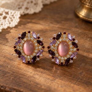 French Vintage Statement Earrings, Pink Crystal Studs, Purple Rhinestone Retro Glam Jewelry, Elegant Gift for Her