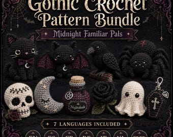 Paquete de patrones de crochet gótico, 10 patrones de amigurumi, Halloween: gato, murciélago, fantasma, calavera, PDF en 7 idiomas