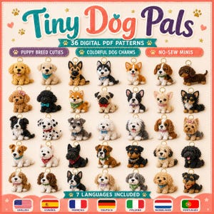 Puede incluir: Una colección de patrones PDF digitales titulada Tiny Dog Pals que presenta 36 diseños de perros a ganchillo. La imagen muestra 36 pequeñas figuras de perros coloridas tejidas a ganchillo, con varias razas y accesorios, dispuestas en una cuadrícula. Siete banderas están abajo.